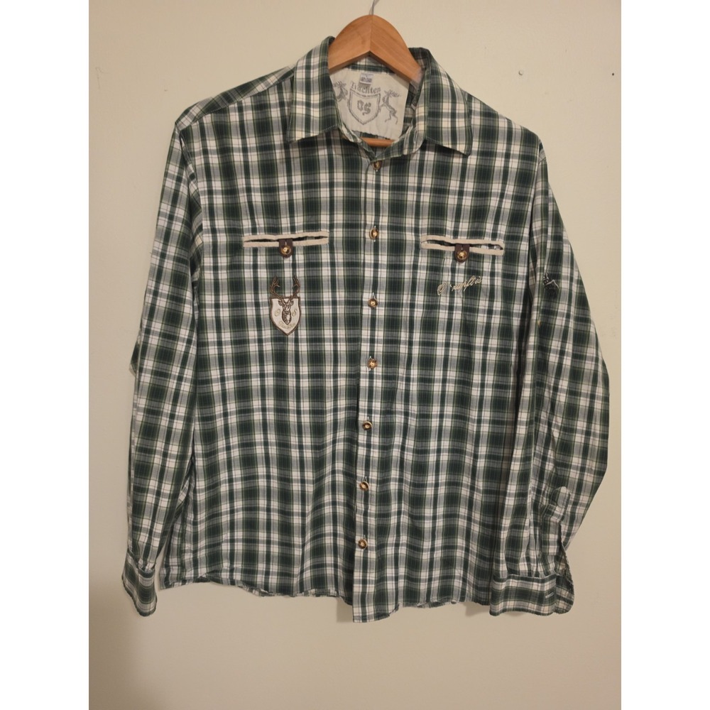OS Trachten Alpenjäger Bavarian Shirt Green Plaid Mountain Patches Oktoberfest M